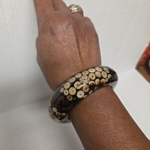 Vintage 80s Wood with Bamboo Slice Inlay Bangle Bracelet